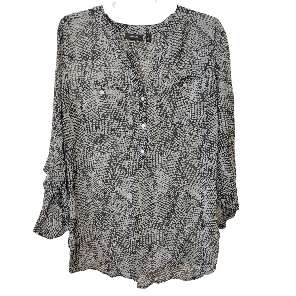 Apt. 9 Blouse Womens Medium Gray Abstract Dot Roll Tab Sleeve Button Front Top